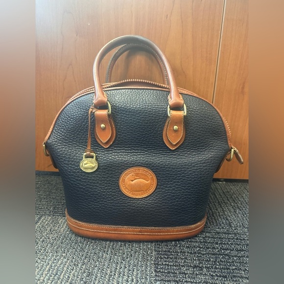 Vintage Dooney & Bourke Large Blue and Tan Leather Norfolk Satchel Bag.
